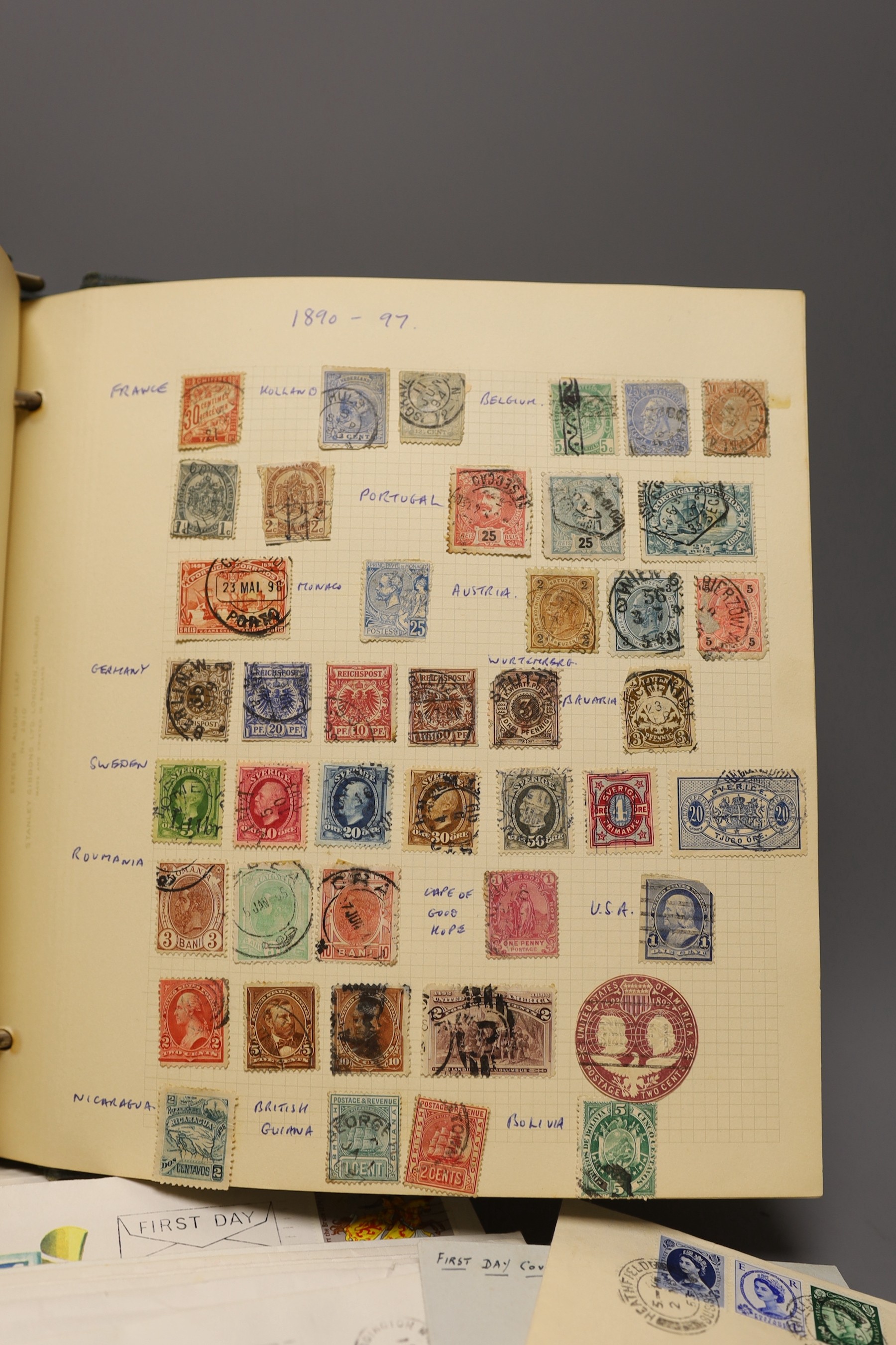 An album of Great Britain stamps with page 1841 ID red browns with Maltese cross cancels F.D. covers from 1953 coronation